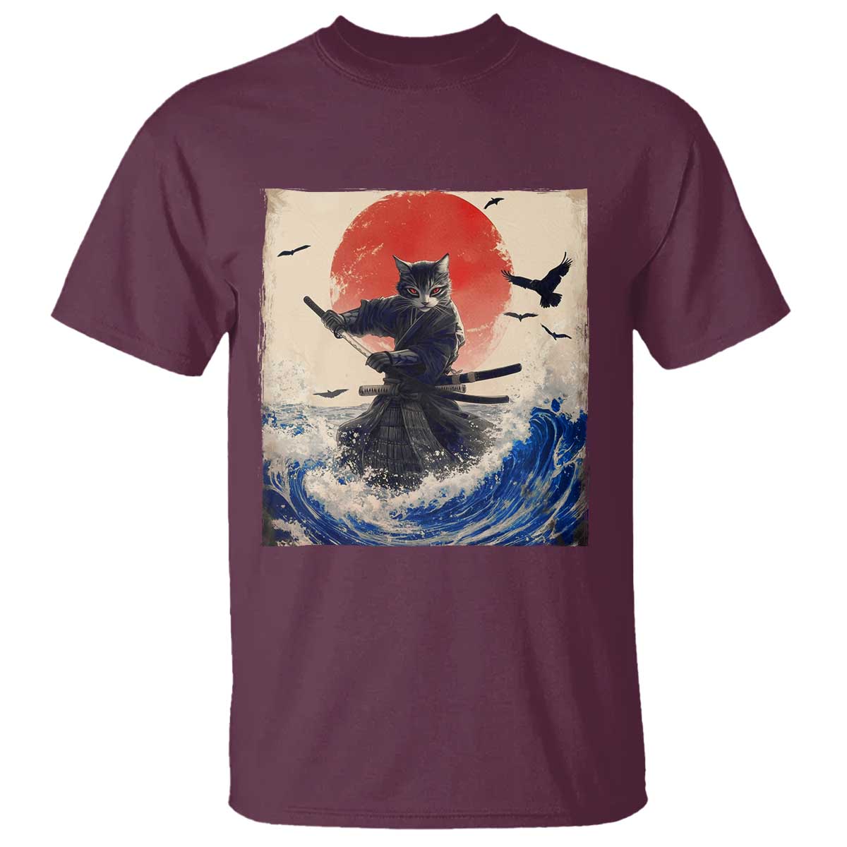 Samurai Cat T Shirt Vintage Japanese Art Anime Ukiyo-e Warrior TS10 Maroon Print Your Wear