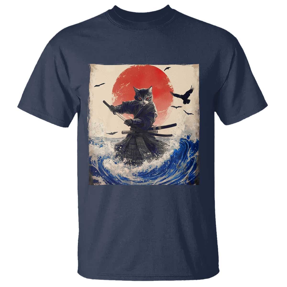 Samurai Cat T Shirt Vintage Japanese Art Anime Ukiyo-e Warrior TS10 Navy Print Your Wear
