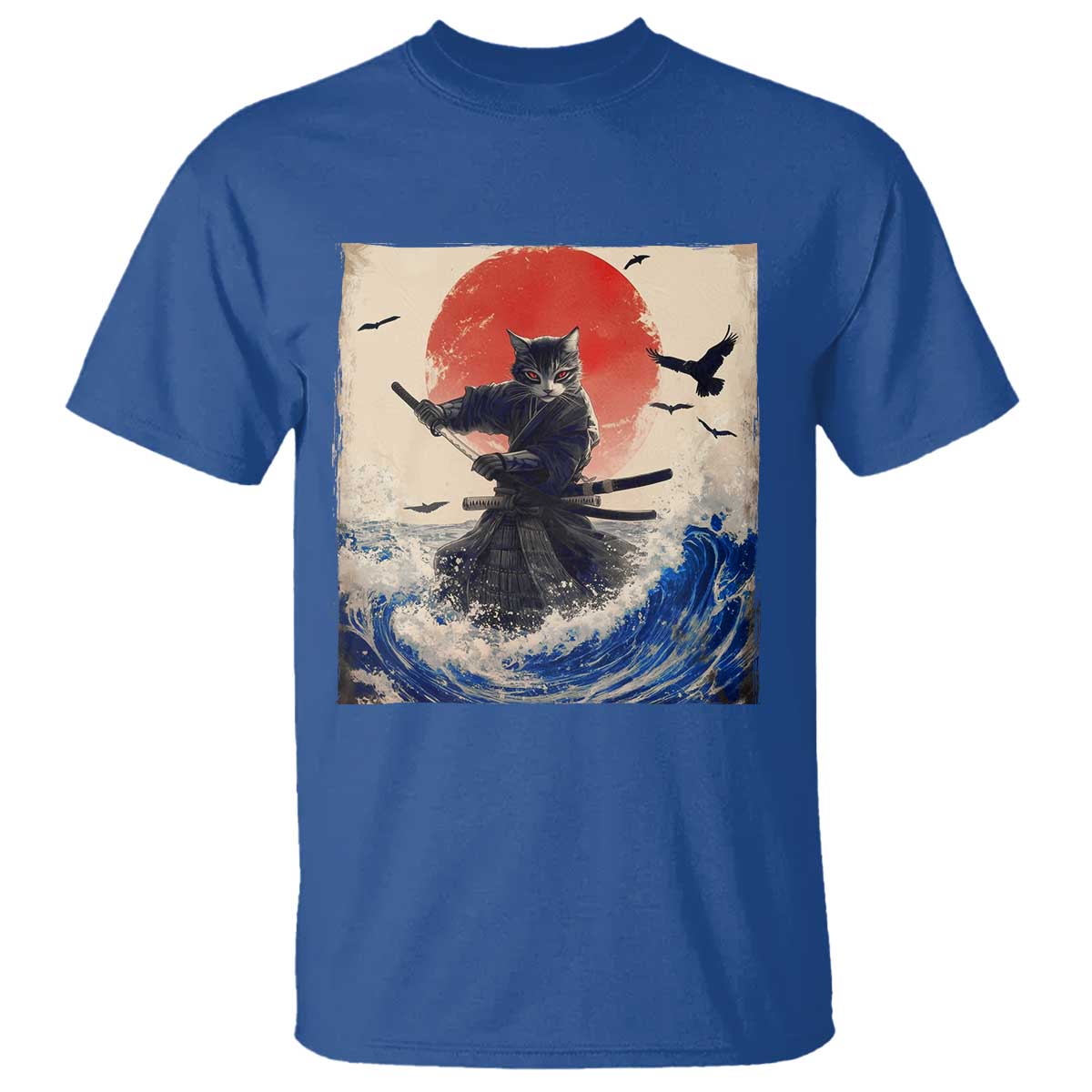 Samurai Cat T Shirt Vintage Japanese Art Anime Ukiyo-e Warrior TS10 Royal Blue Print Your Wear