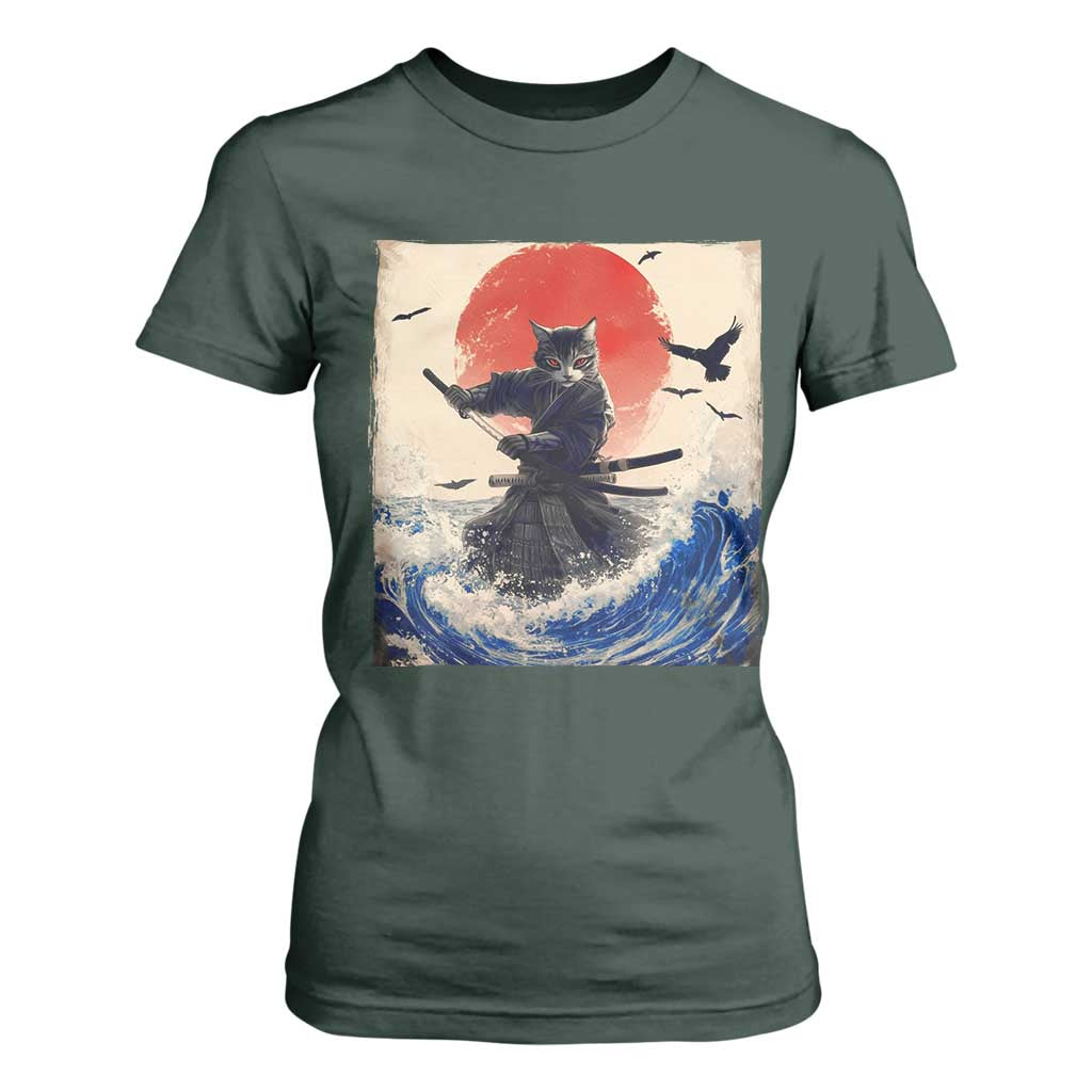 Samurai Cat T Shirt For Women Vintage Japanese Art Anime Ukiyo-e Warrior TS10 Dark Forest Green Print Your Wear