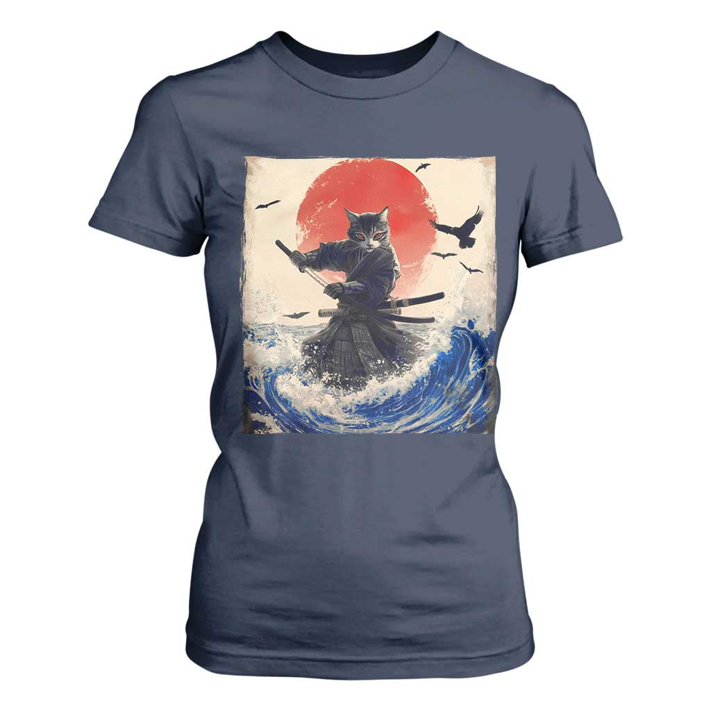 Samurai Cat T Shirt For Women Vintage Japanese Art Anime Ukiyo-e Warrior TS10 Navy Print Your Wear
