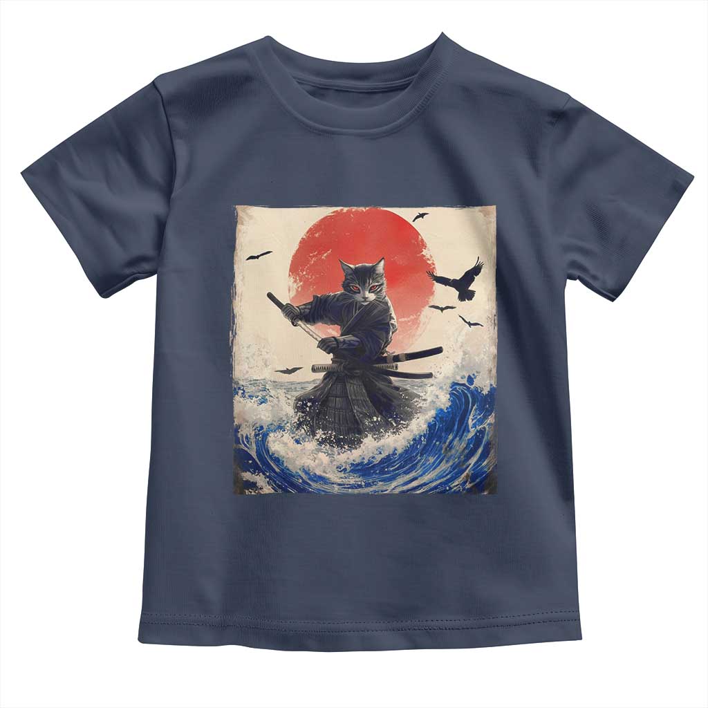 Samurai Cat Toddler T Shirt Vintage Japanese Art Anime Ukiyo-e Warrior TS10 Navy Print Your Wear