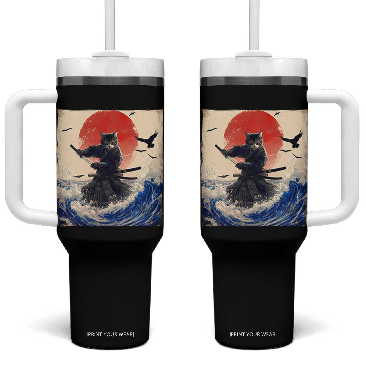 Samurai Cat Tumbler With Handle Vintage Japanese Art Anime Ukiyo-e Warrior TS10 One Size: 40 oz Black Print Your Wear