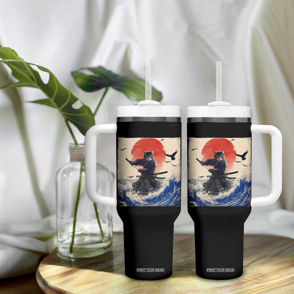 Samurai Cat Tumbler With Handle Vintage Japanese Art Anime Ukiyo-e Warrior TS10 Print Your Wear