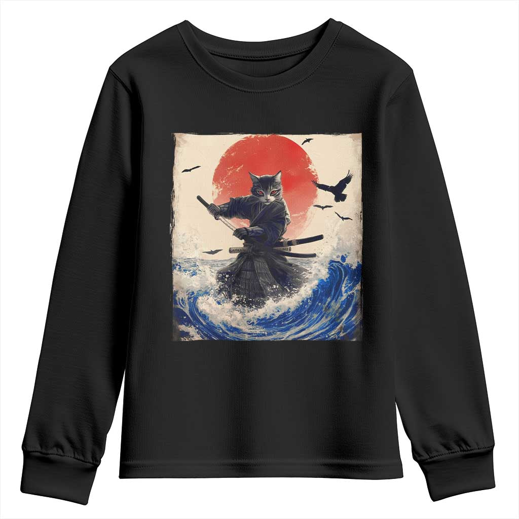 Samurai Cat Youth Sweatshirt Vintage Japanese Art Anime Ukiyo-e Warrior TS10 Black Print Your Wear