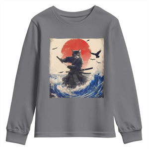 Samurai Cat Youth Sweatshirt Vintage Japanese Art Anime Ukiyo-e Warrior TS10 Charcoal Print Your Wear