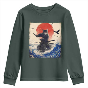 Samurai Cat Youth Sweatshirt Vintage Japanese Art Anime Ukiyo-e Warrior TS10 Dark Forest Green Print Your Wear