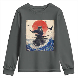 Samurai Cat Youth Sweatshirt Vintage Japanese Art Anime Ukiyo-e Warrior TS10 Dark Heather Print Your Wear