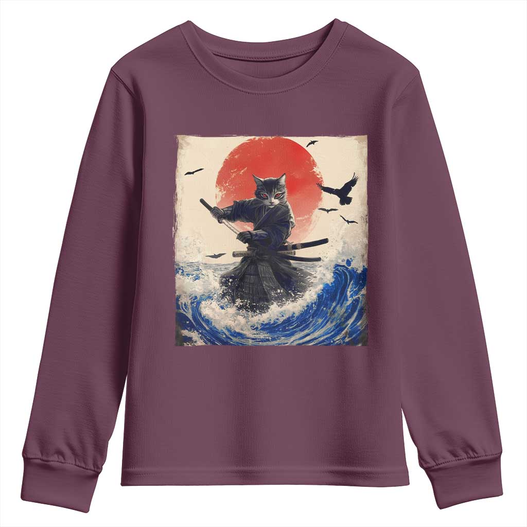 Samurai Cat Youth Sweatshirt Vintage Japanese Art Anime Ukiyo-e Warrior TS10 Maroon Print Your Wear