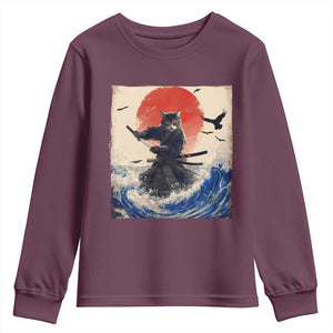 Samurai Cat Youth Sweatshirt Vintage Japanese Art Anime Ukiyo-e Warrior TS10 Maroon Print Your Wear