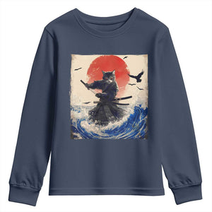 Samurai Cat Youth Sweatshirt Vintage Japanese Art Anime Ukiyo-e Warrior TS10 Navy Print Your Wear