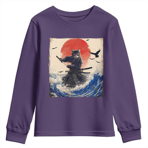 Samurai Cat Youth Sweatshirt Vintage Japanese Art Anime Ukiyo-e Warrior TS10 Purple Print Your Wear