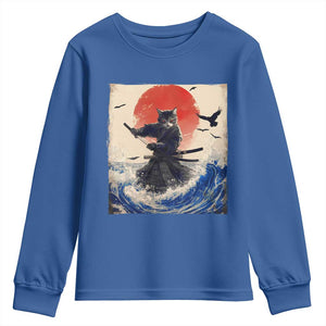 Samurai Cat Youth Sweatshirt Vintage Japanese Art Anime Ukiyo-e Warrior TS10 Royal Blue Print Your Wear