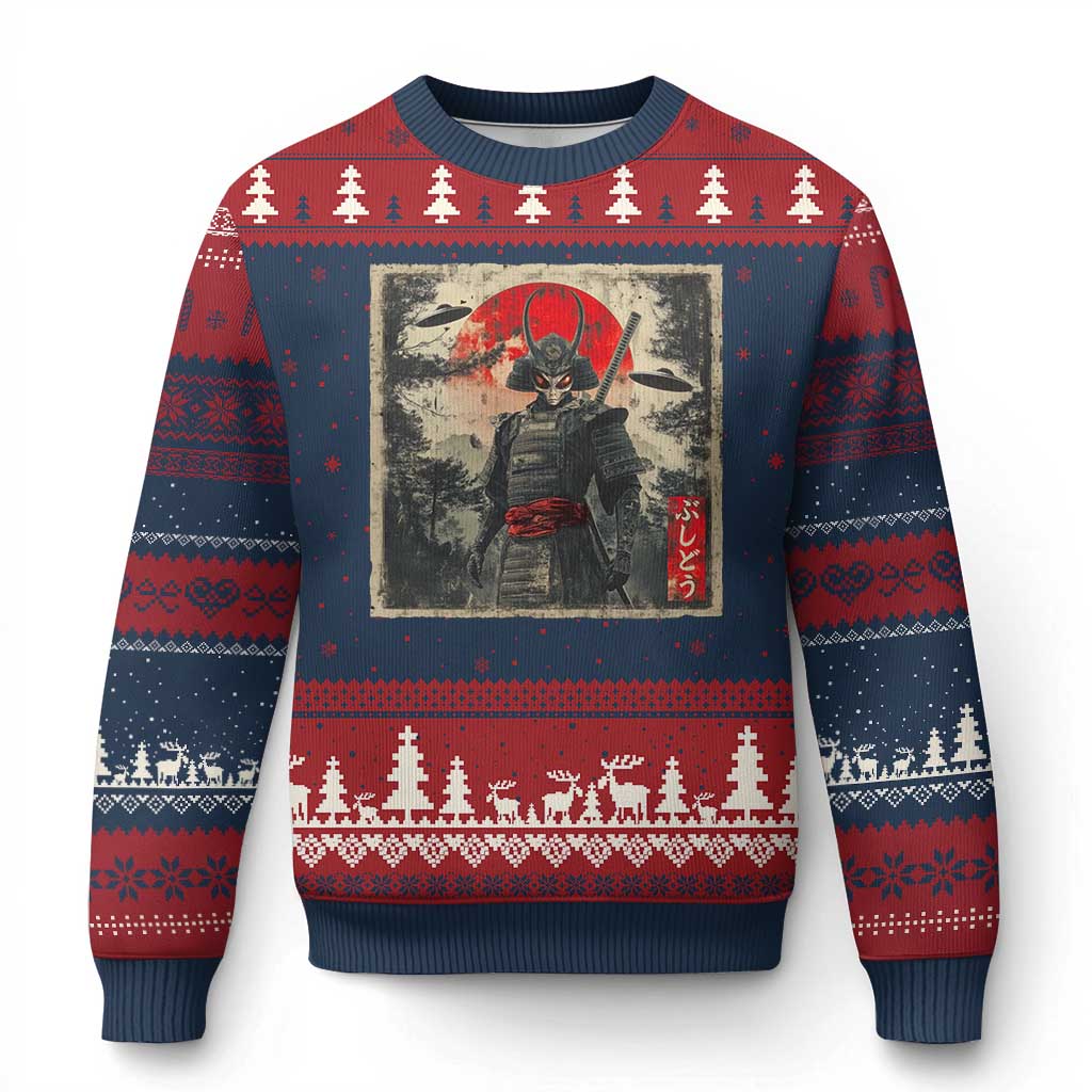 Alien Samurai Ugly Christmas Sweater Vintage Japanese Art UFO Funny Ukiyo-e Warrior TS10 Navy Red Print Your Wear