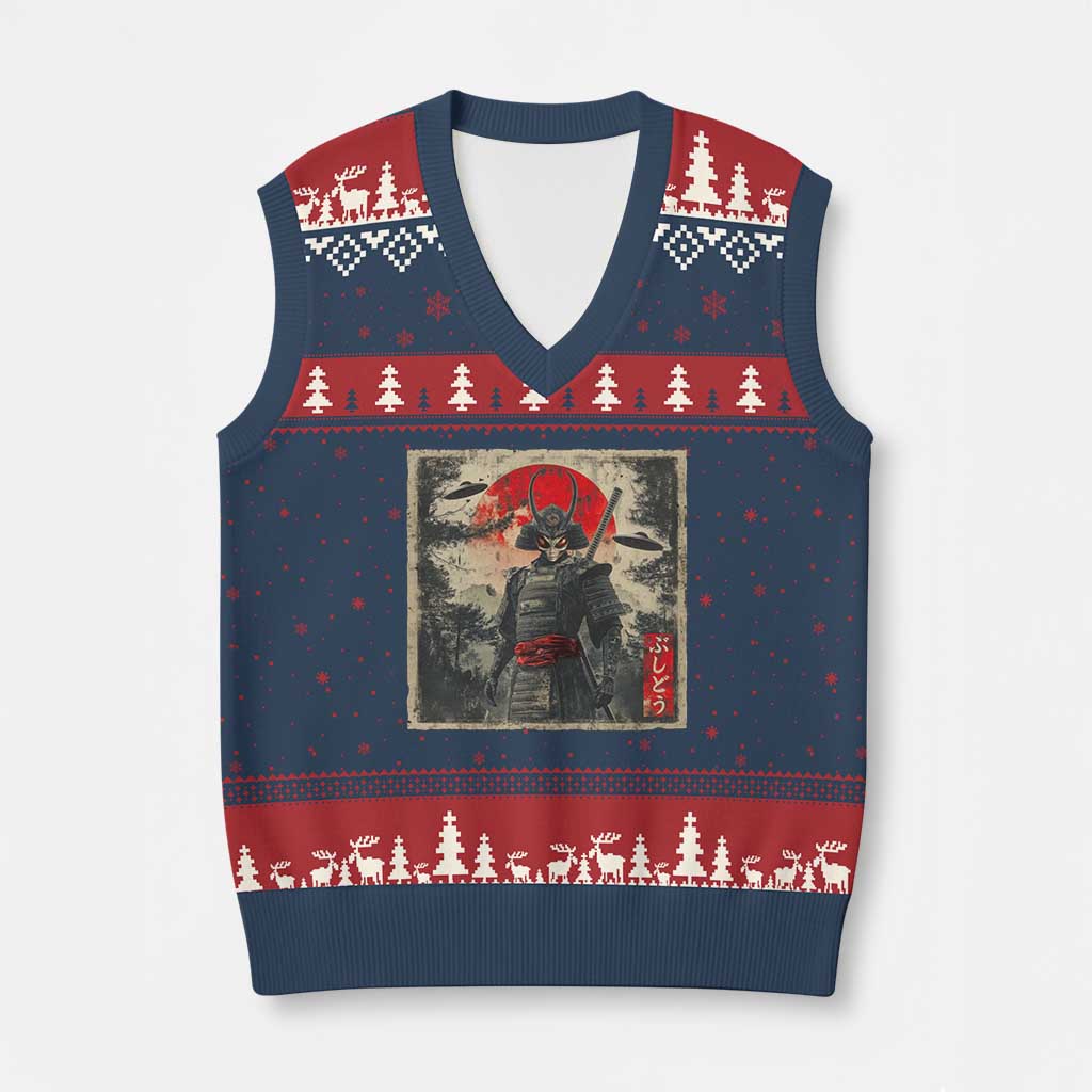 Alien Samurai V-Neck Knit Sweater Vest Vintage Japanese Art UFO Funny Ukiyo-e Warrior TS10 Navy Red Print Your Wear