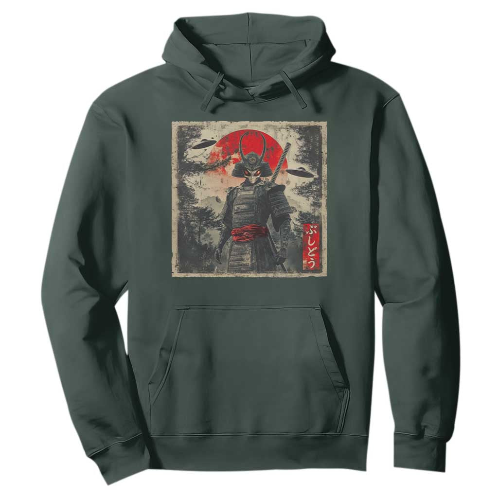 Alien Samurai Hoodie Vintage Japanese Art UFO Funny Ukiyo-e Warrior TS10 Dark Forest Green Print Your Wear