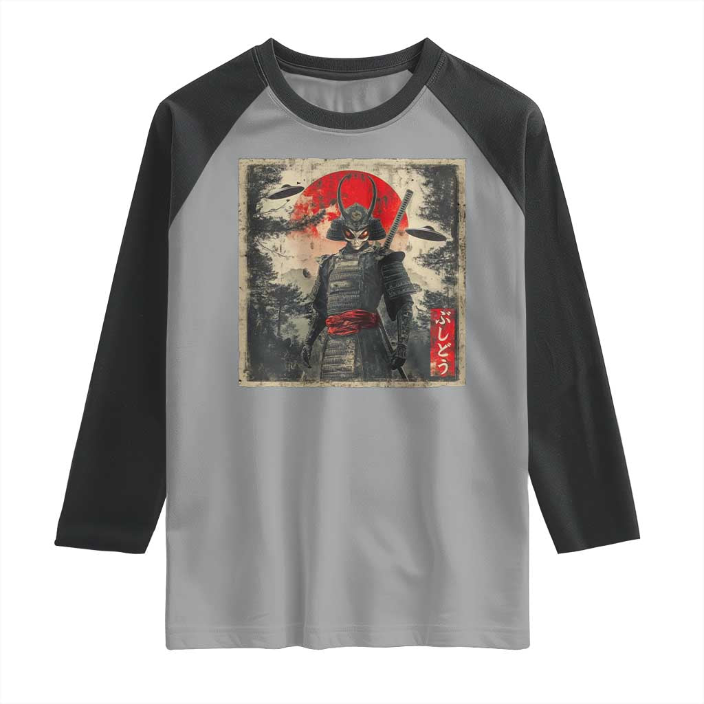 Alien Samurai Raglan Shirt Vintage Japanese Art UFO Funny Ukiyo-e Warrior TS10 Sport Gray Black Print Your Wear