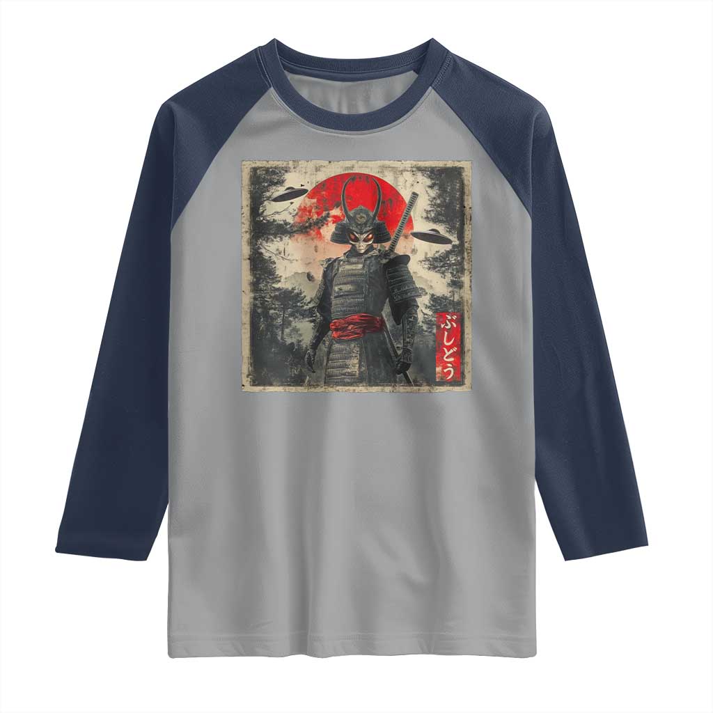 Alien Samurai Raglan Shirt Vintage Japanese Art UFO Funny Ukiyo-e Warrior TS10 Sport Gray Navy Print Your Wear