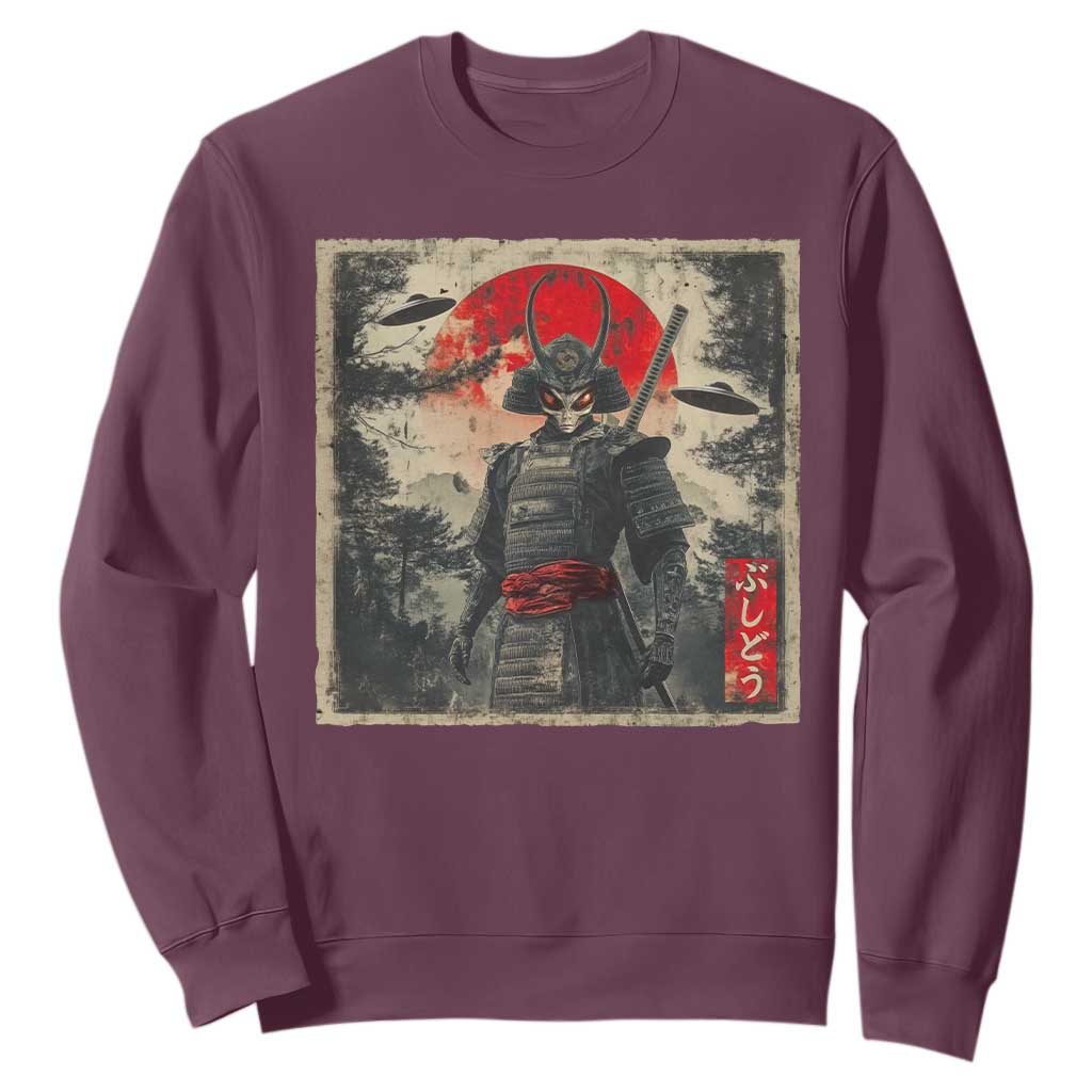 Alien Samurai Sweatshirt Vintage Japanese Art UFO Funny Ukiyo-e Warrior TS10 Maroon Print Your Wear