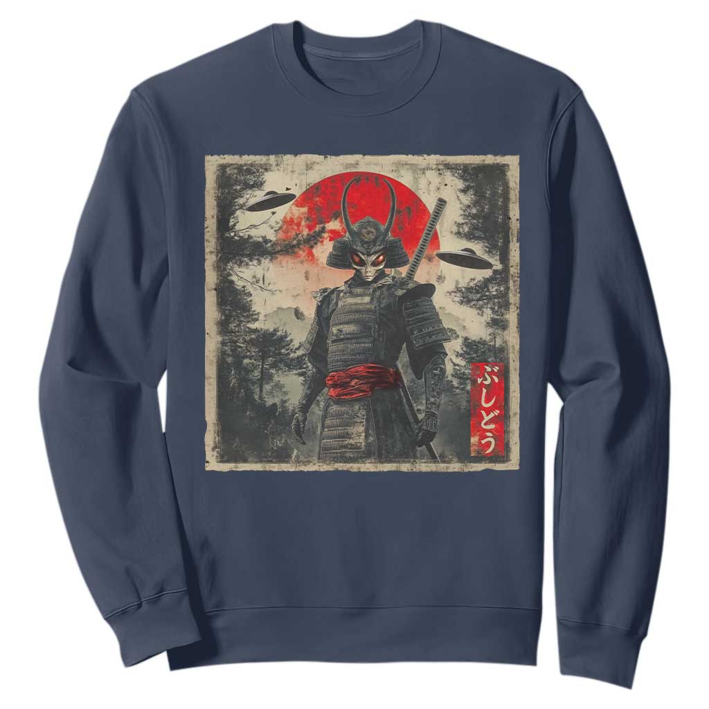 Alien Samurai Sweatshirt Vintage Japanese Art UFO Funny Ukiyo-e Warrior TS10 Navy Print Your Wear