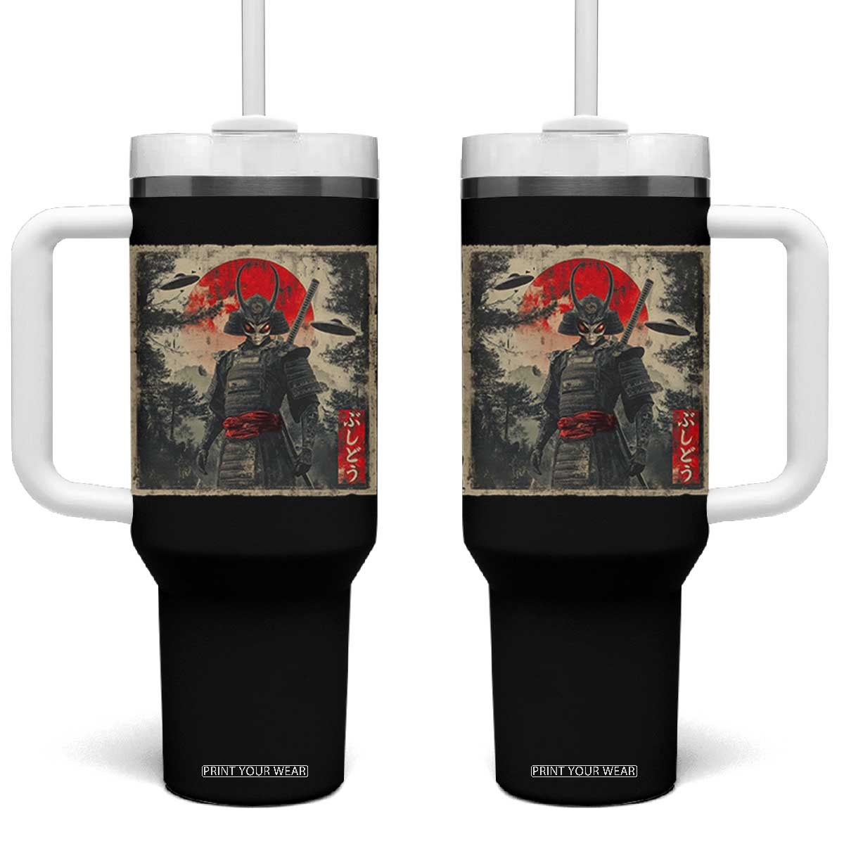 Alien Samurai Tumbler With Handle Vintage Japanese Art UFO Funny Ukiyo-e Warrior TS10 One Size: 40 oz Black Print Your Wear
