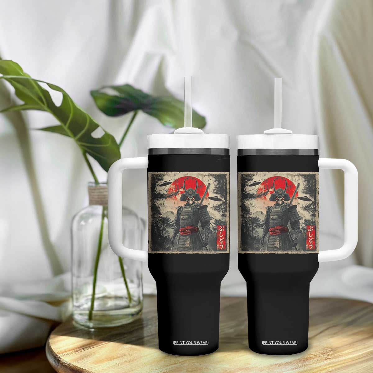Alien Samurai Tumbler With Handle Vintage Japanese Art UFO Funny Ukiyo-e Warrior TS10 Print Your Wear