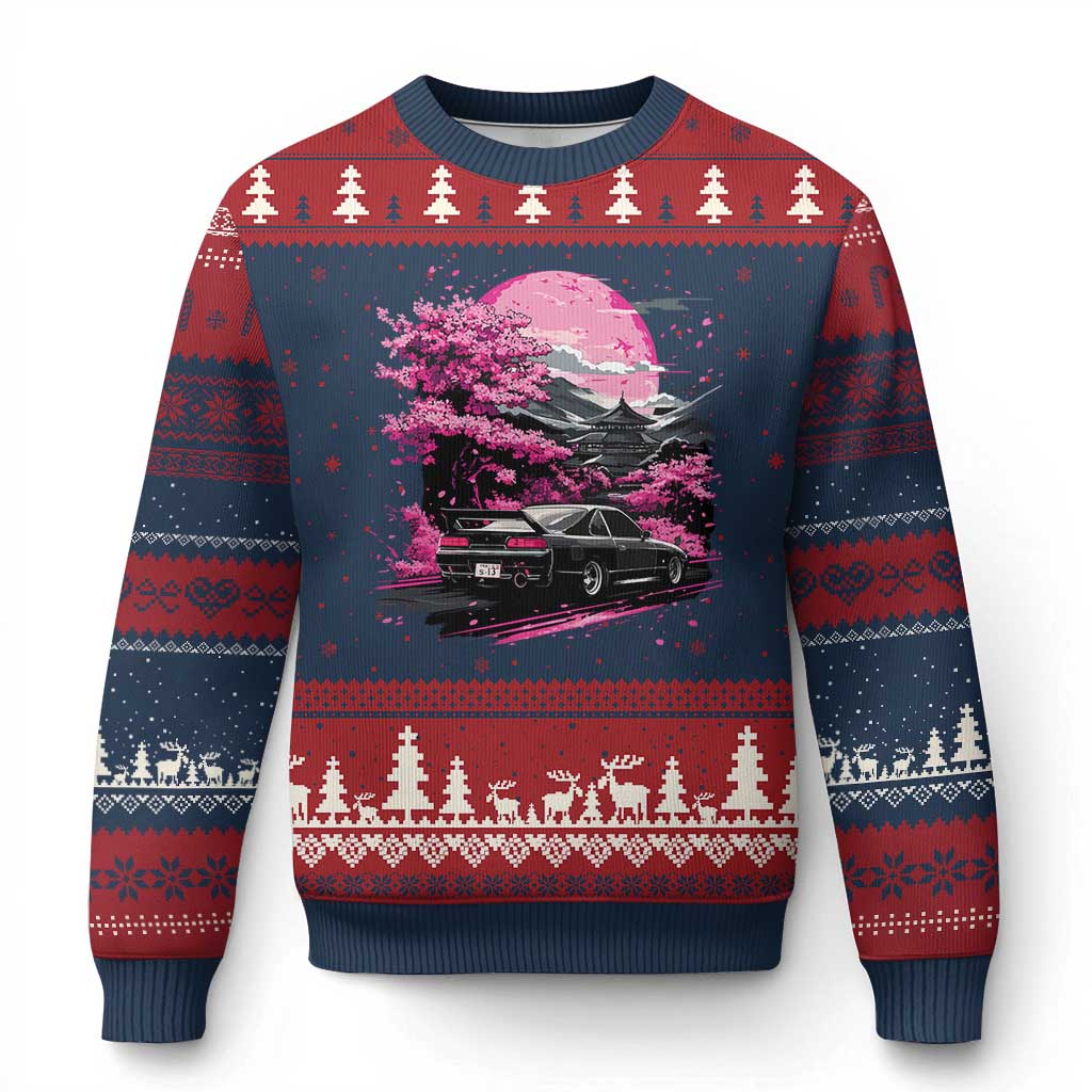 JDM Japanese Ugly Christmas Sweater Tokyo Japan Drift Race Car Mount Fuji Cherry Blossom Sakura TS10 Navy Red Print Your Wear