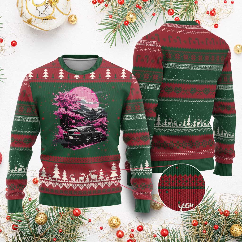 JDM Japanese Ugly Christmas Sweater Tokyo Japan Drift Race Car Mount Fuji Cherry Blossom Sakura TS10 Red Green Print Your Wear