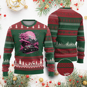 JDM Japanese Ugly Christmas Sweater Tokyo Japan Drift Race Car Mount Fuji Cherry Blossom Sakura TS10 Red Green Print Your Wear