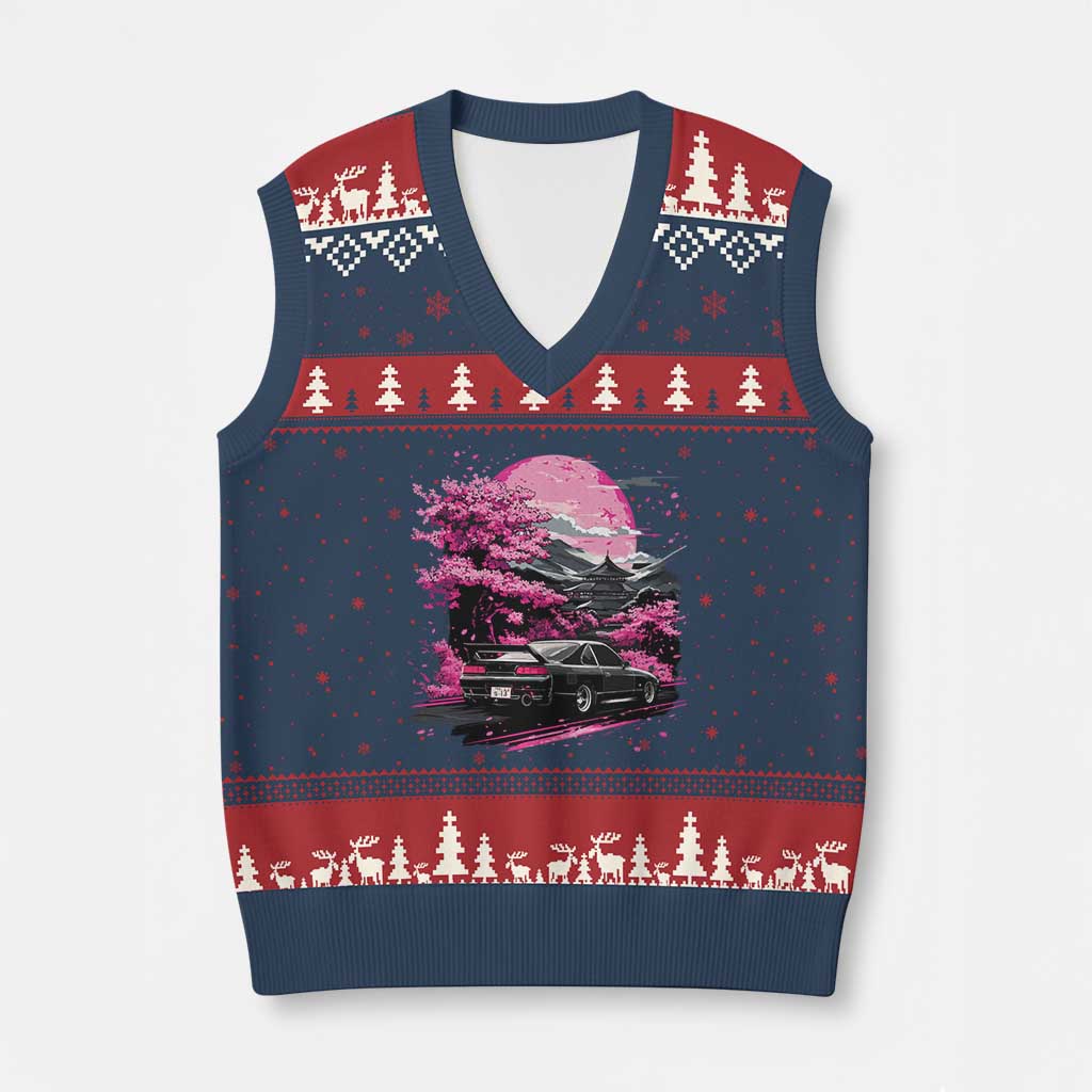JDM Japanese V-Neck Knit Sweater Vest Tokyo Japan Drift Race Car Mount Fuji Cherry Blossom Sakura TS10 Navy Red Print Your Wear