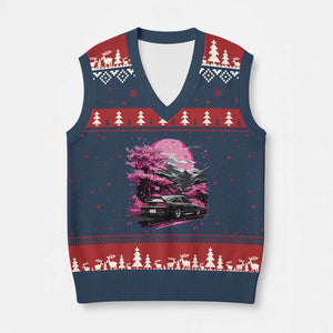 JDM Japanese V-Neck Knit Sweater Vest Tokyo Japan Drift Race Car Mount Fuji Cherry Blossom Sakura TS10 Navy Red Print Your Wear