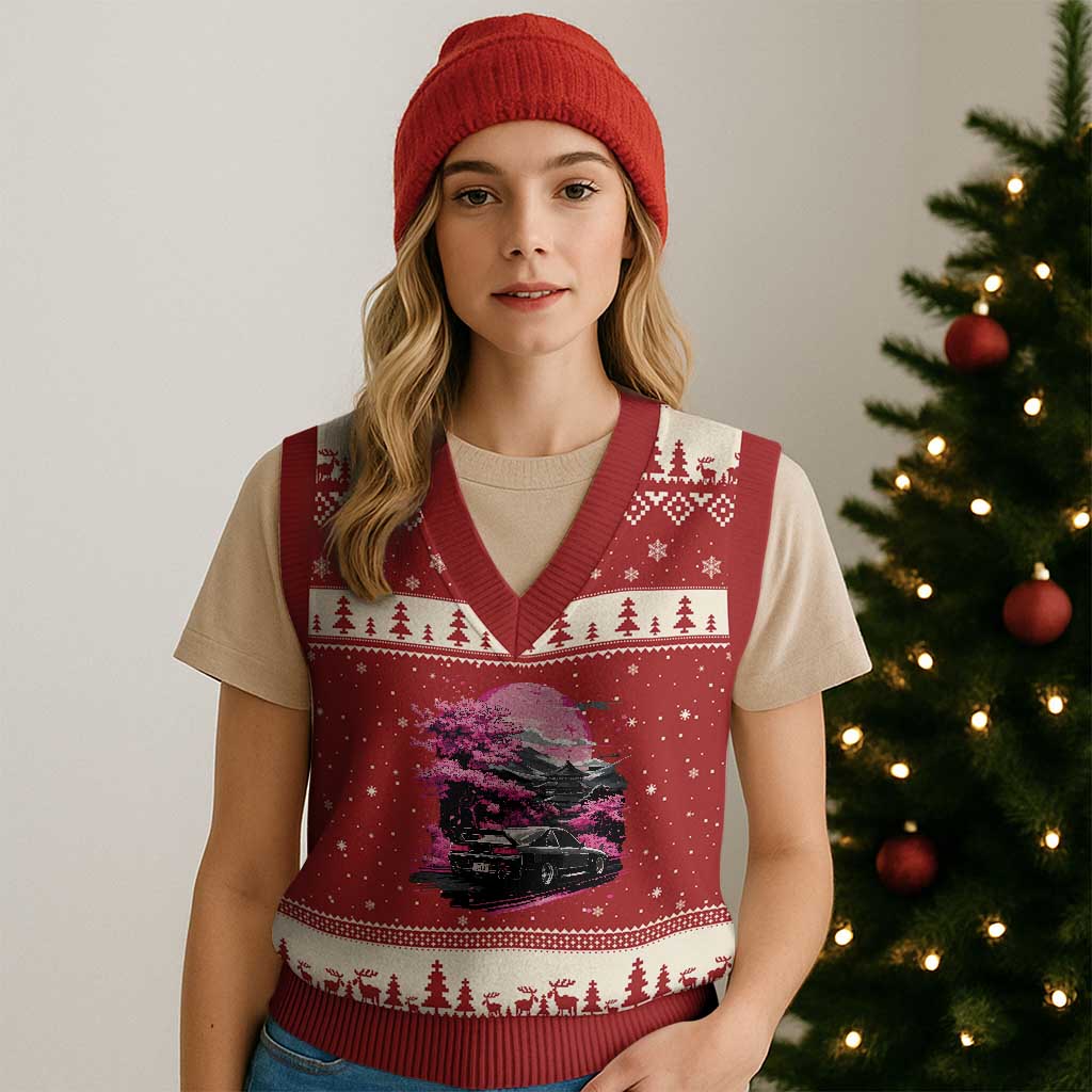 JDM Japanese V-Neck Knit Sweater Vest Tokyo Japan Drift Race Car Mount Fuji Cherry Blossom Sakura TS10 Red Beige Print Your Wear