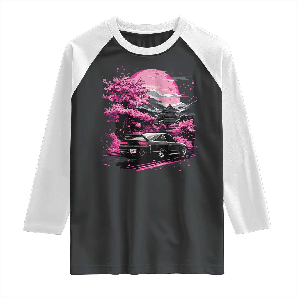 JDM Japanese Raglan Shirt Tokyo Japan Drift Race Car Mount Fuji Cherry Blossom Sakura TS10 Black White Print Your Wear