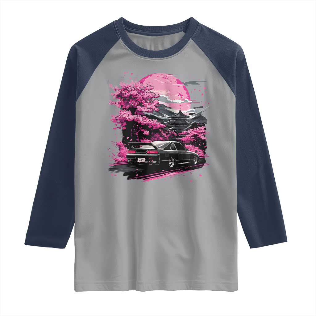 JDM Japanese Raglan Shirt Tokyo Japan Drift Race Car Mount Fuji Cherry Blossom Sakura TS10 Sport Gray Navy Print Your Wear
