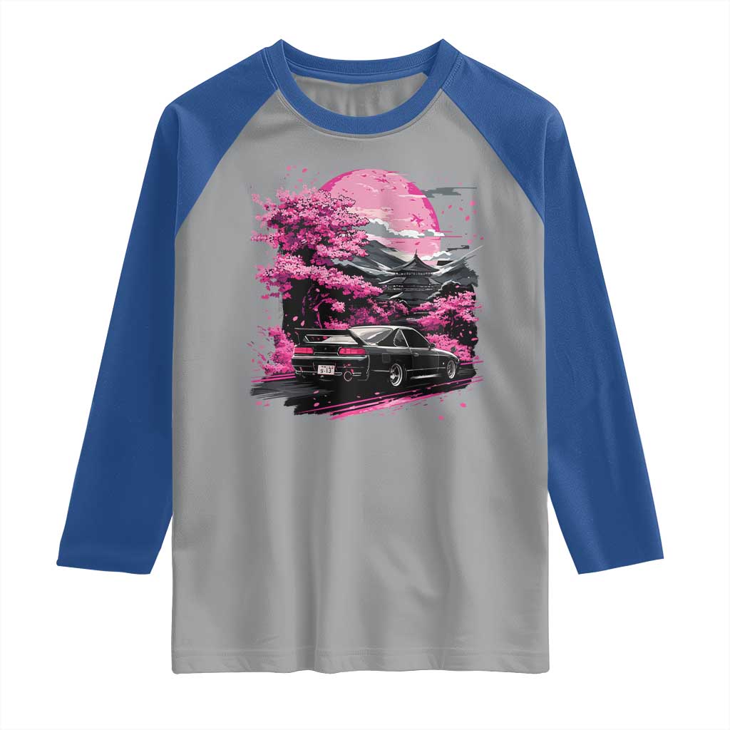 JDM Japanese Raglan Shirt Tokyo Japan Drift Race Car Mount Fuji Cherry Blossom Sakura TS10 Sport Gray Royal Print Your Wear