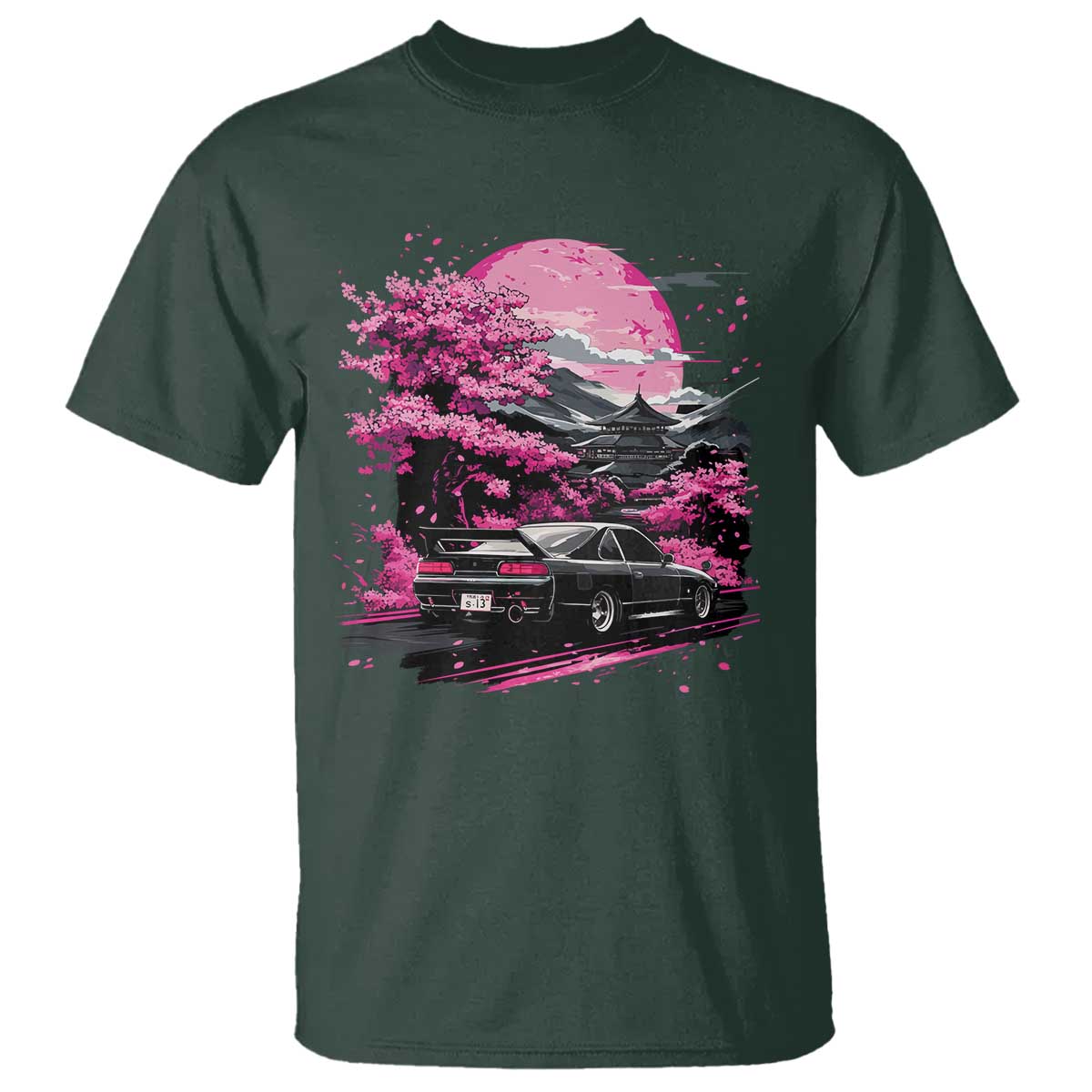 JDM Japanese T Shirt Tokyo Japan Drift Race Car Mount Fuji Cherry Blossom Sakura TS10 Dark Forest Green Print Your Wear