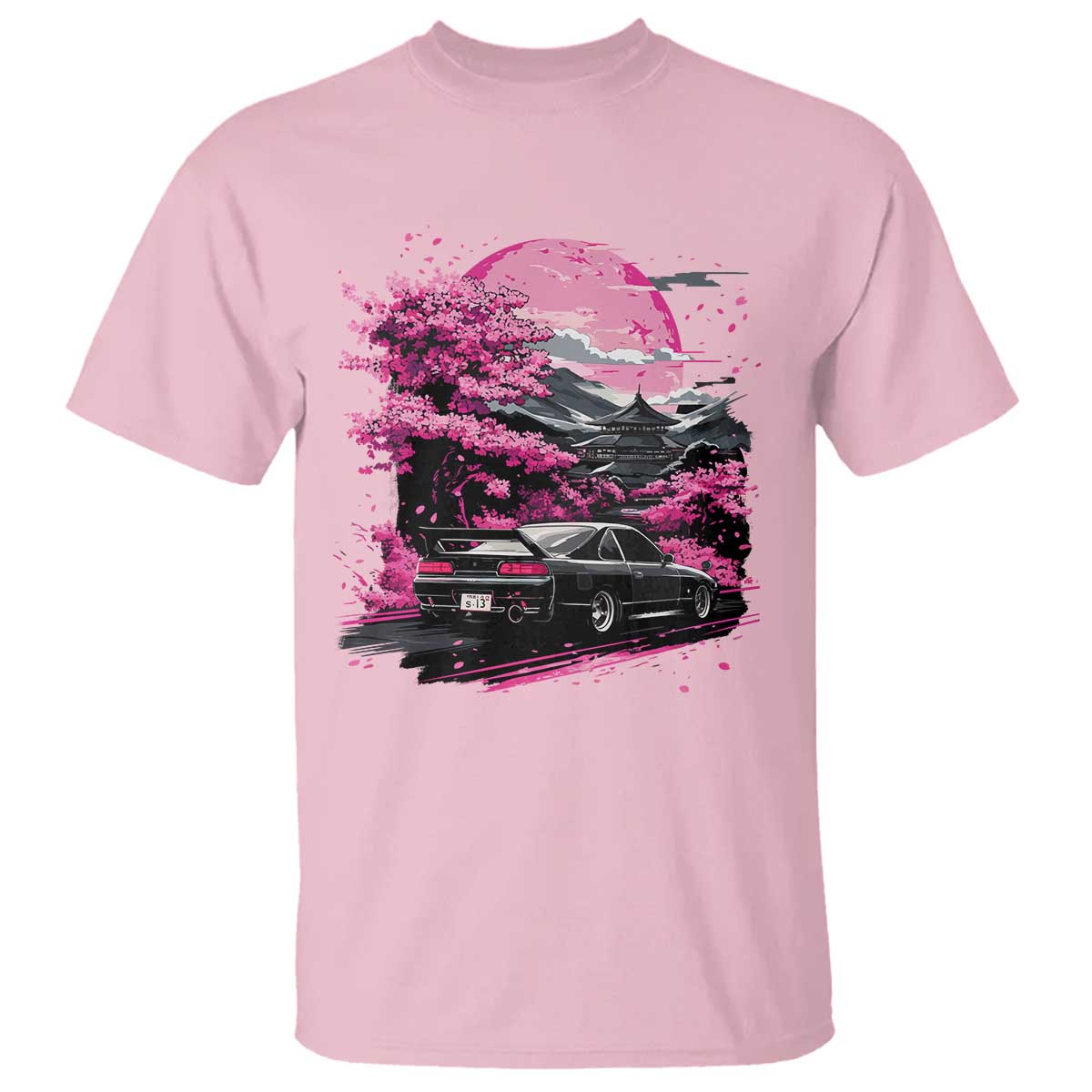JDM Japanese T Shirt - Tokyo Japan Drift Race Car Mount Fuji Cherry Blossom Sakura Tee TS10 Light Pink Print Your Wear