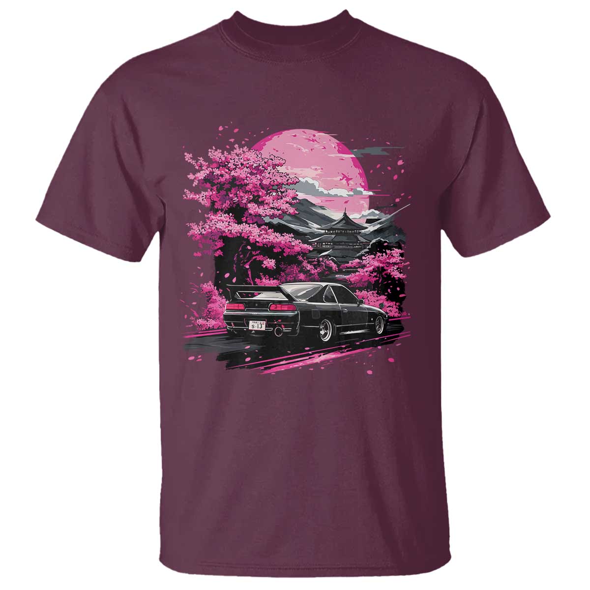 JDM Japanese T Shirt - Tokyo Japan Drift Race Car Mount Fuji Cherry Blossom Sakura Tee TS10 Maroon Print Your Wear
