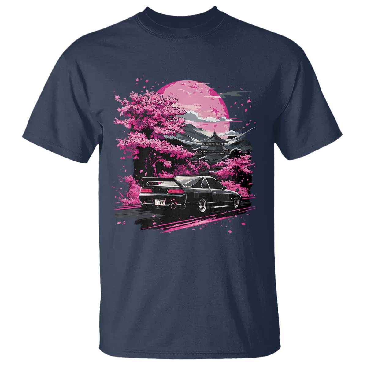 JDM Japanese T Shirt Tokyo Japan Drift Race Car Mount Fuji Cherry Blossom Sakura TS10 Navy Print Your Wear