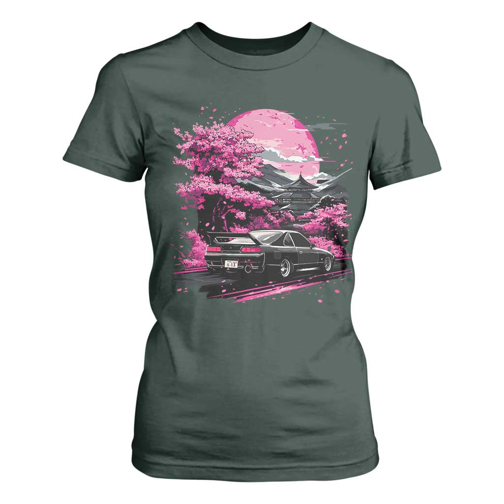 JDM Japanese T Shirt For Women Tokyo Japan Drift Race Car Mount Fuji Cherry Blossom Sakura TS10 Dark Forest Green Print Your Wear