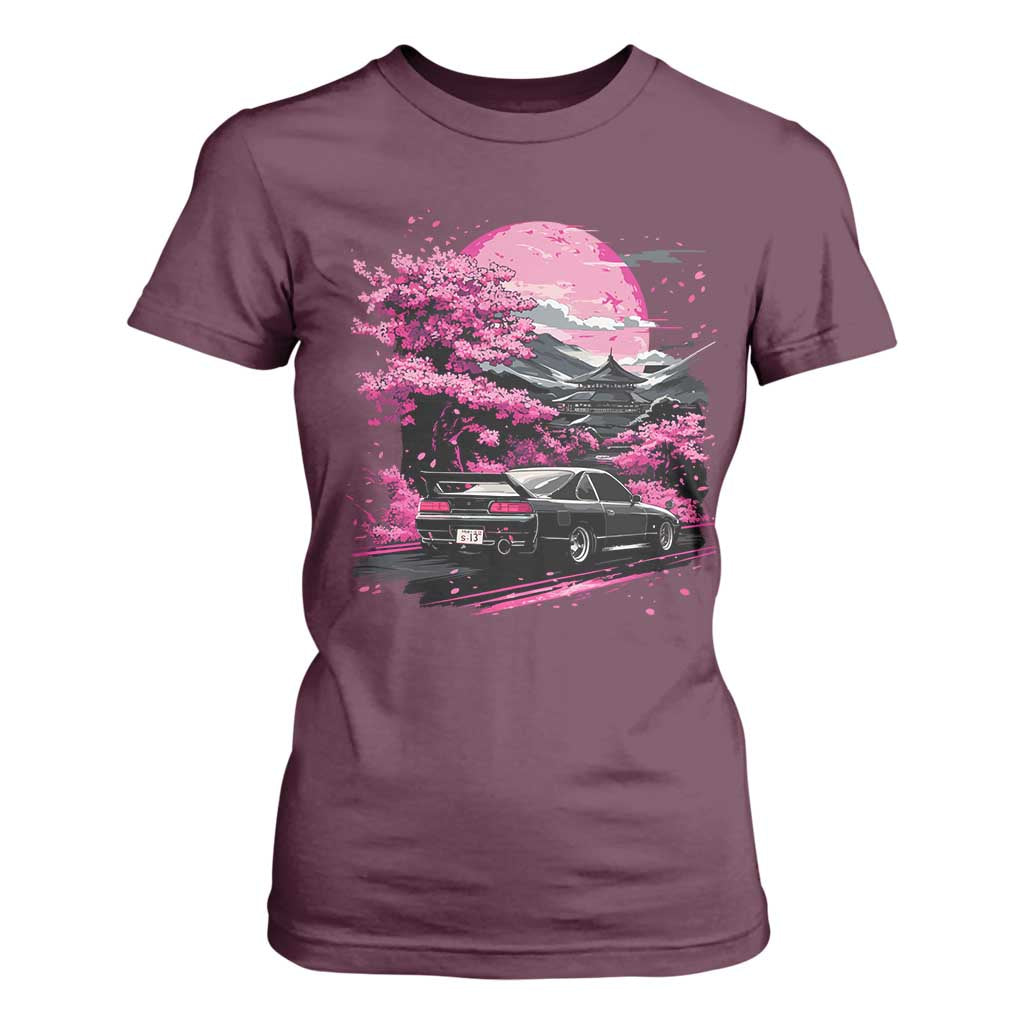 JDM Japanese T Shirt For Women Tokyo Japan Drift Race Car Mount Fuji Cherry Blossom Sakura TS10 Maroon Print Your Wear