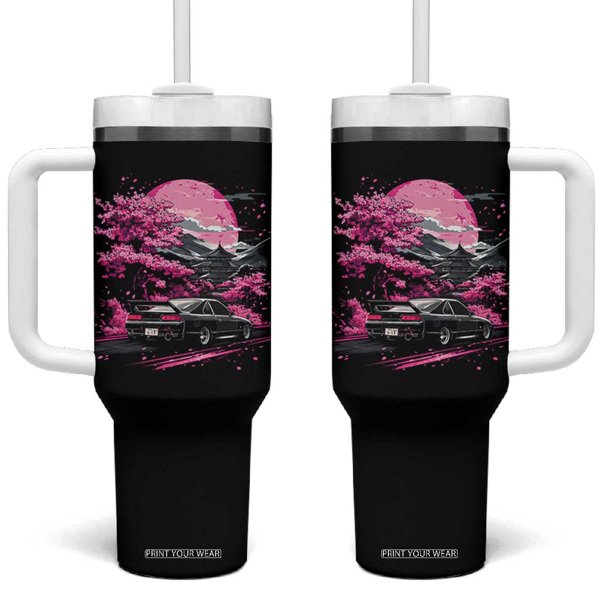 JDM Japanese Tumbler With Handle Tokyo Japan Drift Race Car Mount Fuji Cherry Blossom Sakura TS10 One Size: 40 oz Black Print Your Wear