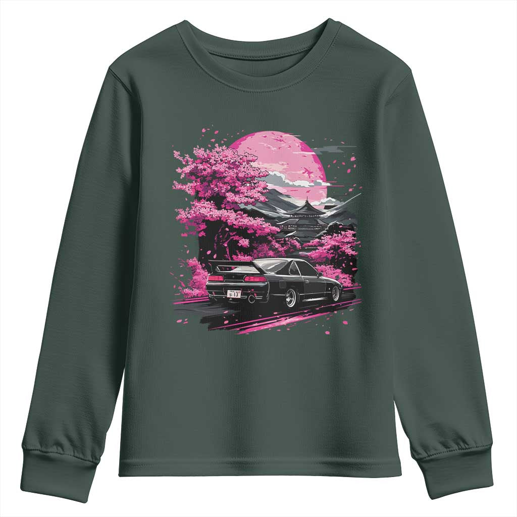 JDM Japanese Youth Sweatshirt Tokyo Japan Drift Race Car Mount Fuji Cherry Blossom Sakura TS10 Dark Forest Green Print Your Wear