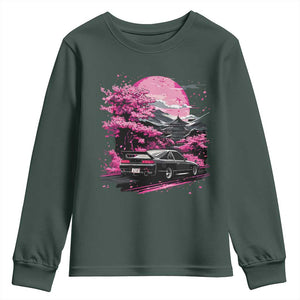 JDM Japanese Youth Sweatshirt Tokyo Japan Drift Race Car Mount Fuji Cherry Blossom Sakura TS10 Dark Forest Green Print Your Wear