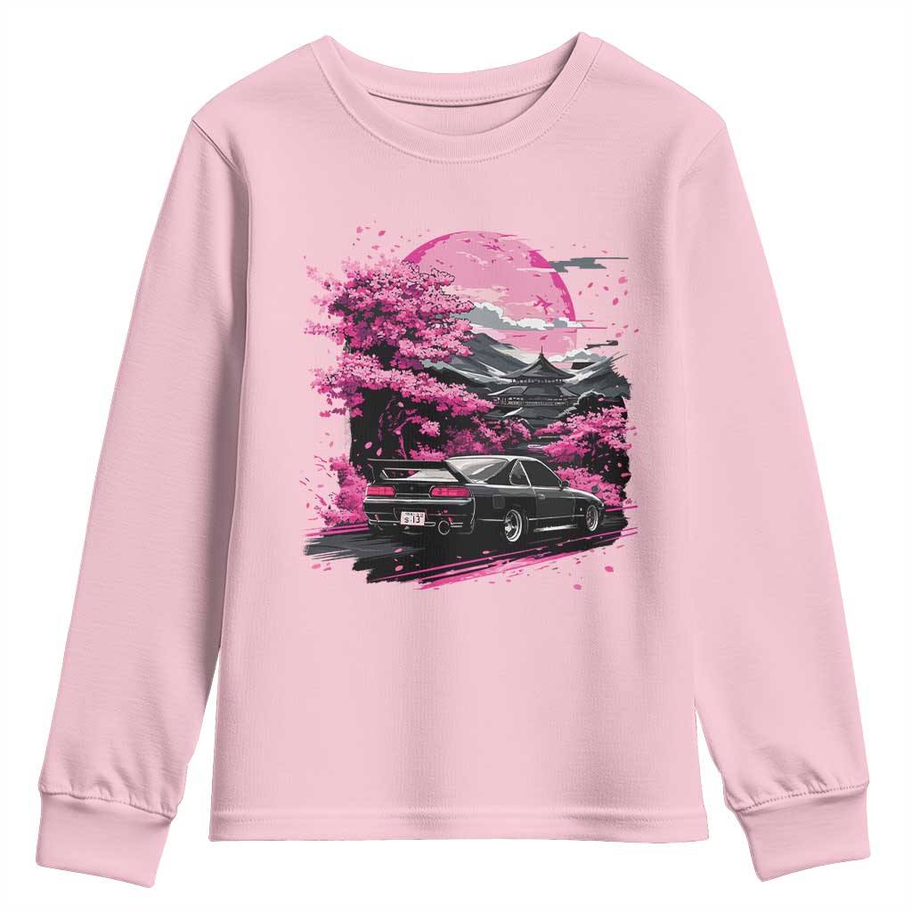 JDM Japanese Youth Sweatshirt Tokyo Japan Drift Race Car Mount Fuji Cherry Blossom Sakura TS10 Light Pink Print Your Wear