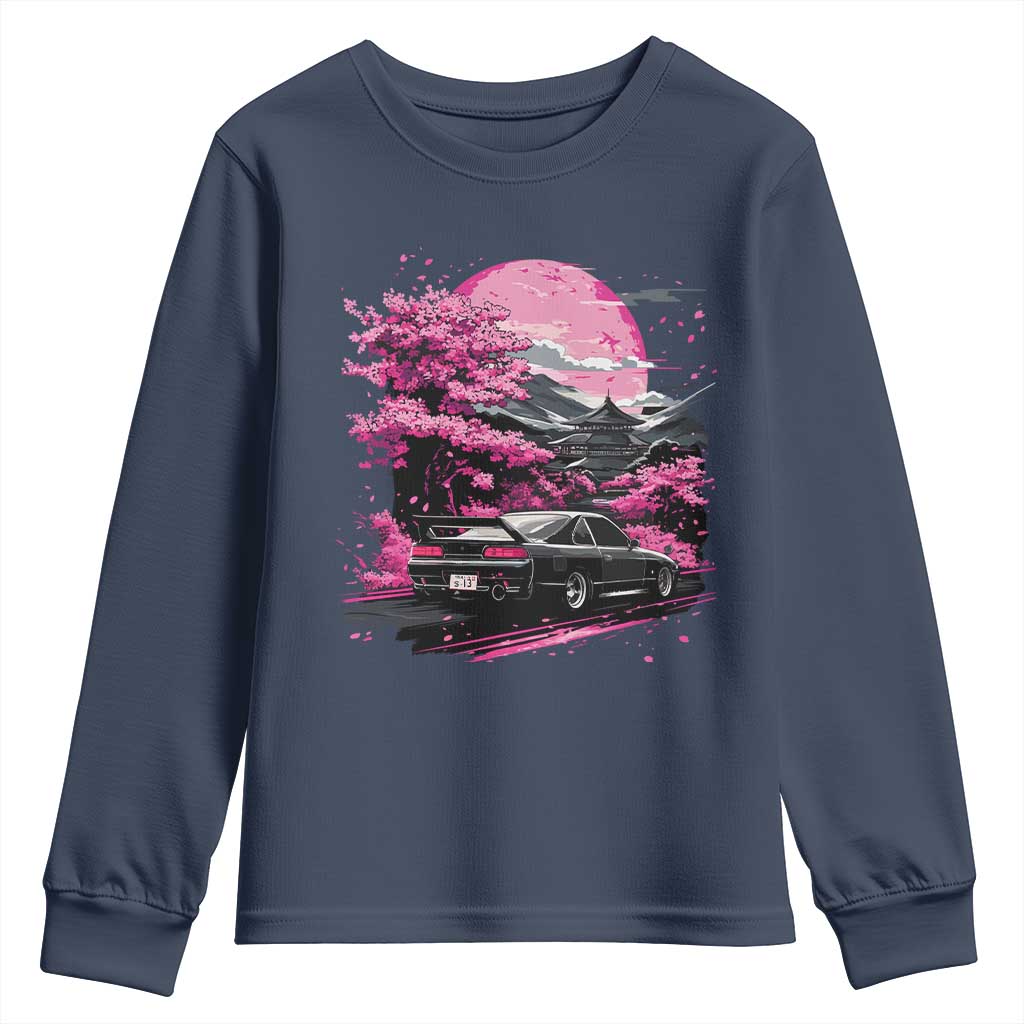 JDM Japanese Youth Sweatshirt Tokyo Japan Drift Race Car Mount Fuji Cherry Blossom Sakura TS10 Navy Print Your Wear