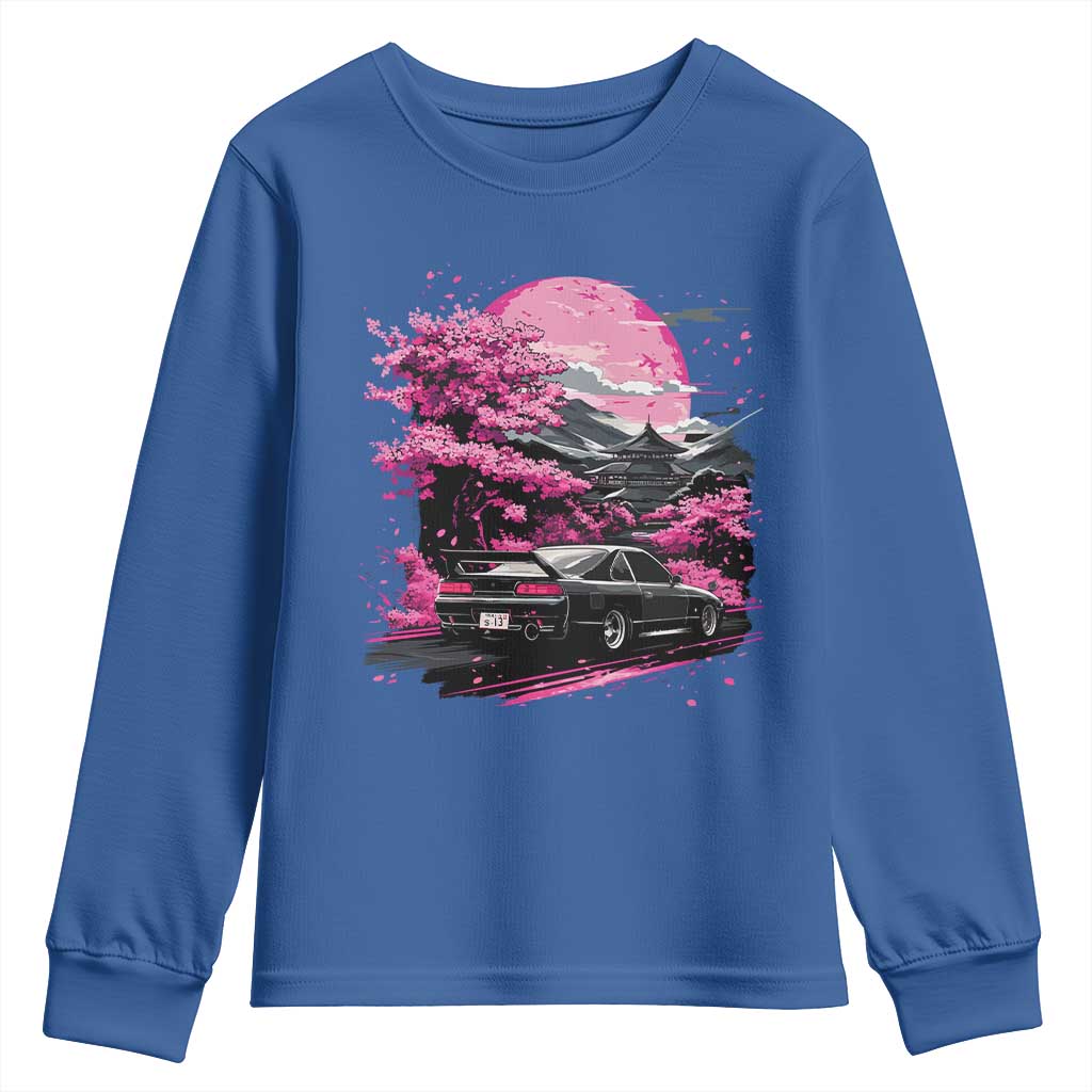 JDM Japanese Youth Sweatshirt Tokyo Japan Drift Race Car Mount Fuji Cherry Blossom Sakura TS10 Royal Blue Print Your Wear