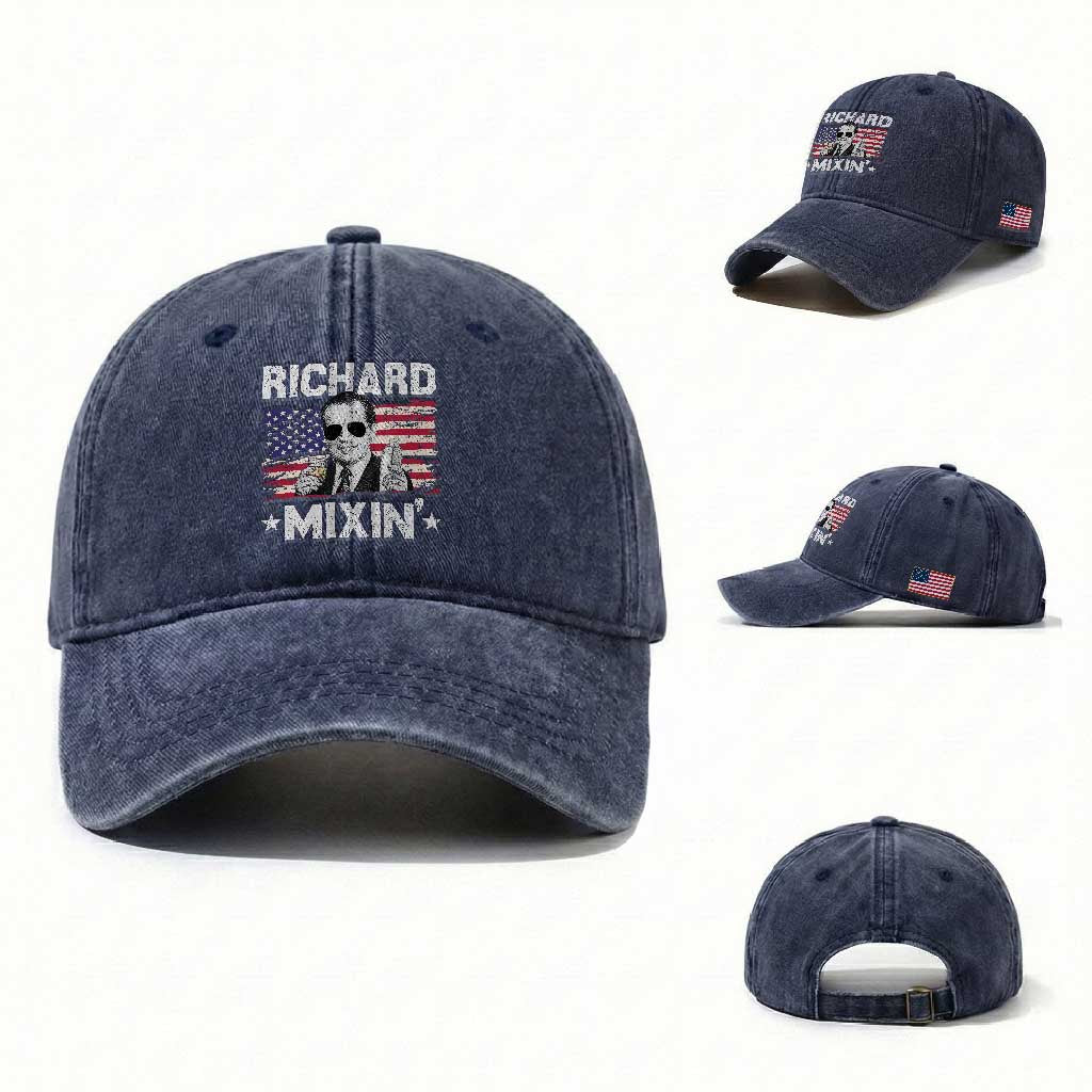 Funny 4th of July Richard Nixon Mixin Washed Cotton Baseball Cap Patriotic Bartender American Flag TS10 Washed Cap Universal Fit Navy Print Your Wear