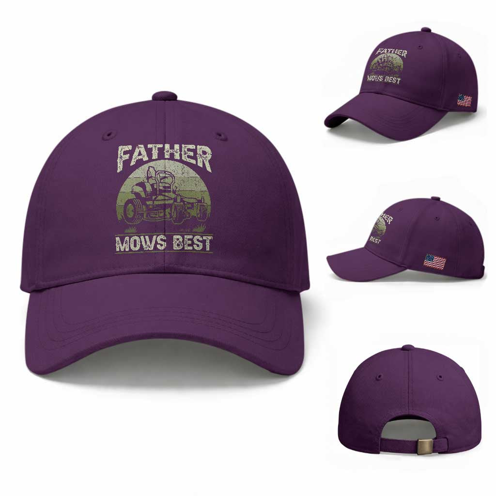Father Mows Best Baseball Cap Lawn Mower Mowing Dad Retro Father's Day Gift TS10 Baseball Cap Universal Fit Purple Print Your Wear