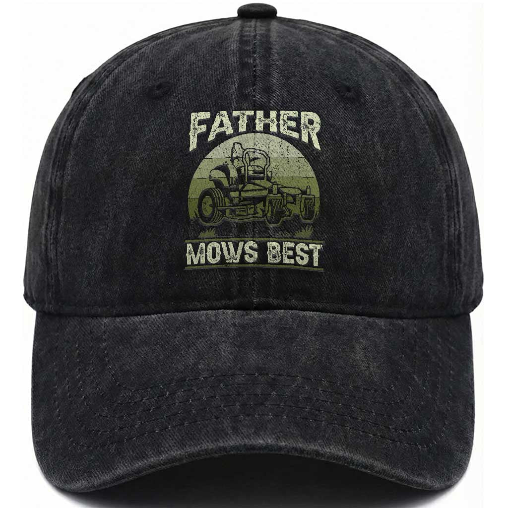 Father Mows Best Washed Cotton Baseball Cap Lawn Mower Mowing Dad Retro Father's Day Gift TS10 Print Your Wear